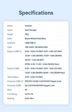 Быстрое зарядное устройство Vention GaN 30 Вт для iPhone 15, 14, 13, 12, PD3.0, зарядное устройство для iPad