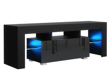 Szafka Rtv 130cm Czarna Front Połysk Niebieski Led Stolik Pod Telewizor
