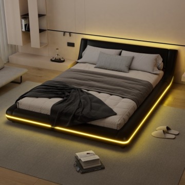 Ліжко двоярусне LED Ліжко з оббивкою Платформа 140x200 см PU чорний у Пульт