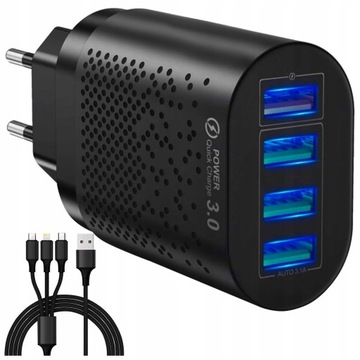 Szybka Ładowarka Sieciowa 4x USB QC 3.0 Kabel 3w1