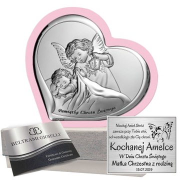 OBRAZEK SREBRNY ANIOŁ STRÓŻ PAMIĄTKA CHRZTU
