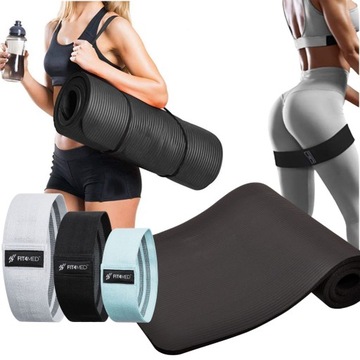 MATA DO ĆWICZEŃ FITNESS GRUBA 3 GUMY MATERIAŁOWE HIP BAND 3 RÓŻNE OPORY SET