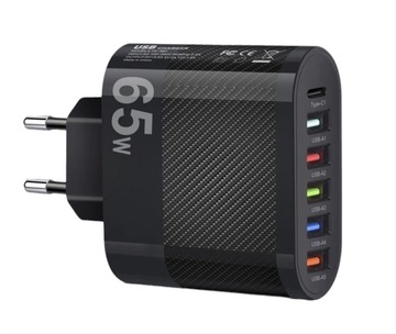 CZARNA Ładowarka USB PD 65W 5x usb A + 1x usb C Pd = 6 portów