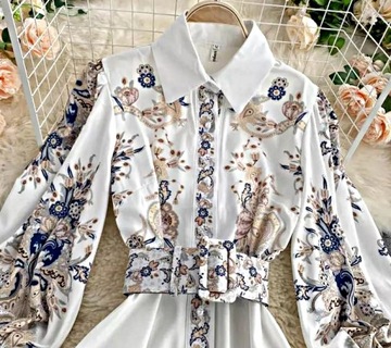 MD biała sukienka maxi print pasek kwiaty | XL/42