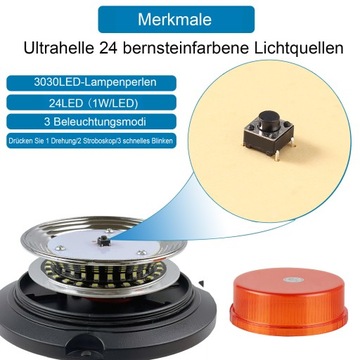 24 светодиодных вращающихся сигнальных фонаря, мигающий свет, магнит 10–30 В, 12 В