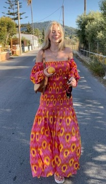 Zara sukienka s 36 długa print boho odkryte ramiona różowa pomarańczowa