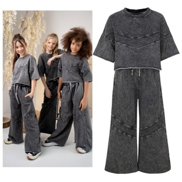Komplet dres szary z efektem sprania dla dziewczynki oversize wide leg 152