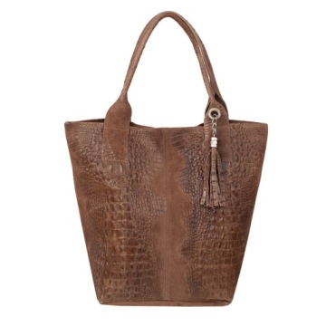 WŁOSKA BRĄZOWA TOREBKA WOREK KROKODYL SHOPPER TORBA A4 VERA PELLE