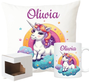 PODUSZKA + KUBEK JEDNOROŻEC UNICORN TĘCZA + TWOJE IMIĘ ZESTAW PREZENTOWY
