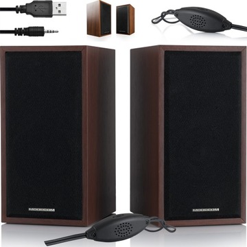 GŁOŚNIKI KOMPUTEROWE 2.0 DWA DREWNIANE GŁOŚNIKI STEREO + USB JACK PC LAPTOP