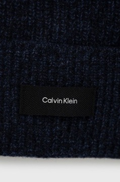 Calvin Klein czapka wełniana kolor granatowy z cienkiej dzianiny wełniana K