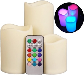 ŚWIECE WOSKOWE LED RGB KOLOROWE ŚWIECZKI Z PILOTEM 3x SWIECE NA BATERIE