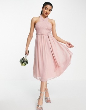Pudrowo różowa sukienka midi elegancka 36