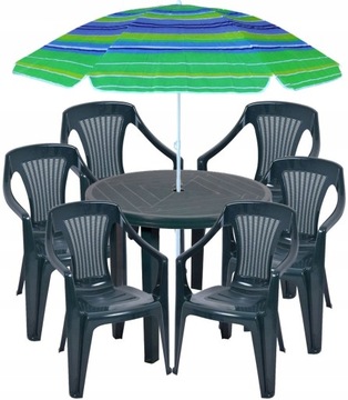 PLASTIKOWY 6+1 ZIELONY BRYLANT ZESTAW MEBLI STÓŁ OPAL KRZESŁA PARASOL