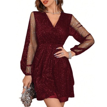 Modna damska sukienka midi z patchworkowego tiulu w jednolitym kolorze, XXL