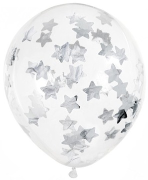 BALON Z KONFETTI GWIAZDKI SREBRNE NA URODZINY 30CM