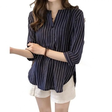 Women Shirt Striped Print V-neck 3/4 Sleeves V Nec