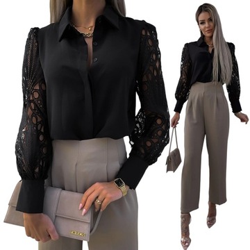 ELEGANCKA BLUZKA DAMSKA KOSZULA KORONKOWA GUZIKI OZDOBNE RĘKAWY CZARNY