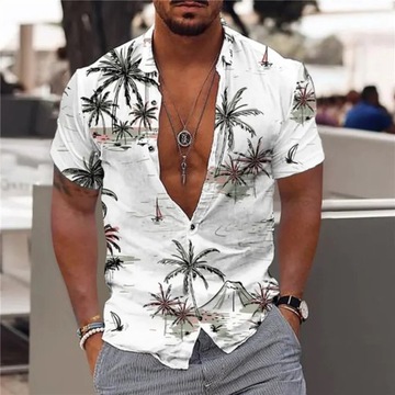Стильная модная мужская белая рубашка с пальмами и короткими рукавами.