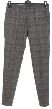 DRYCORN ciepłe brązowe spodnie męskie w kratkę slim fit 68% wełna W29 L32