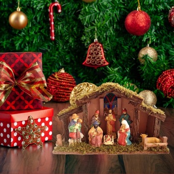 Большой рождественский вертеп, статуэтки, Святое семейство, конюшня под елкой