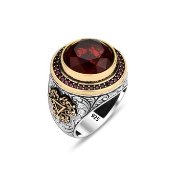 Ruby Stone Silver Men's Ring, Turkish Handcrafted Design Men's Ring