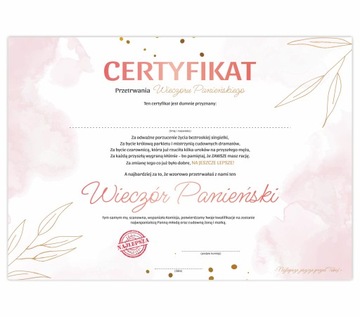 CERTYFIKAT WIECZÓR PANIEŃSKI ZABAWNY UPOMINEK DLA PANNY MŁODEJ - A4 BŁYSK