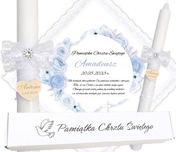 Szatka świeca na CHRZEST Szafir pudełko BOHO CZ