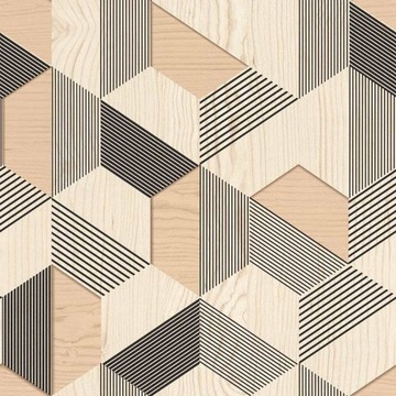 Tapeta Flizelina Wzory Geometryczne Imitacja Drewna z Czarnym Loft 831207