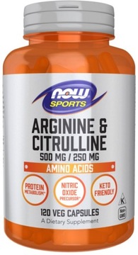 NOW ARGININA 500mg CYTRULINA 250mg 120vk AMINO POMPA ARGININE CITRULLINE