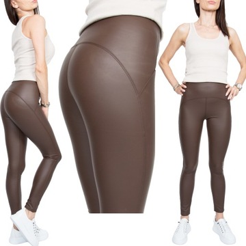 BRĄZOWE MODELUJĄCE LEGGINSY SKÓRA MAT r.XL/XXL