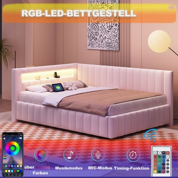 LED Łóżko tapicerowane Sofa funkcją spania Łóżko dwuosobowe USB 140x200cm