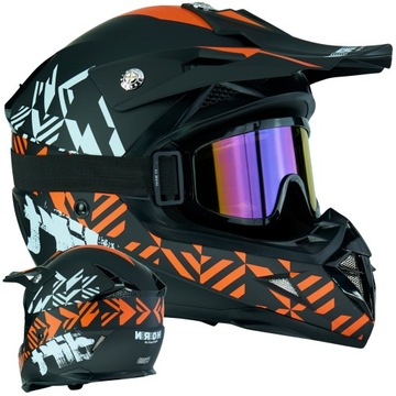 Kask Motocyklowy Cross Horn Enduro Quad + Google Pomarańczowy Matowy M