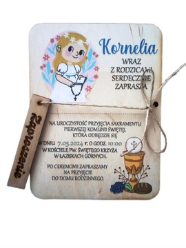 Zaproszenie na komunię grawerowane drewniane eko