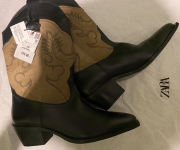 ZARA botki skórzane w stylu cowboy, czarno-beżowe z haftem, r. 40