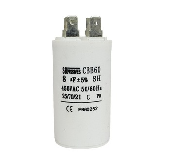 Kondensator rozruchowy silnika 8uF 450V SRPASSIVES CBB60 styki, bez śruby