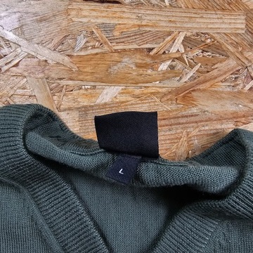 Sweter Wełniany Wełna HUGO BOSS w Serek Męski Casual Zielony Khaki L