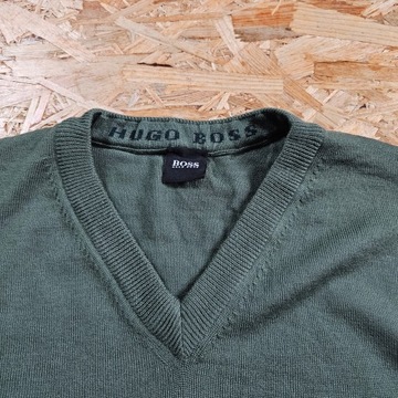 Sweter Wełniany Wełna HUGO BOSS w Serek Męski Casual Zielony Khaki L