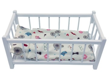 BIAŁE DREWNIANE ŁÓŻECZKO DLA LALEK + POŚCIEL 3 elementy