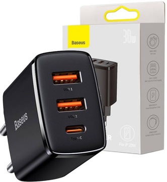 Ładowarka sieciowa trójportowa 2xUSB+USB-C max 30W BASEUS Szybkie ładowanie
