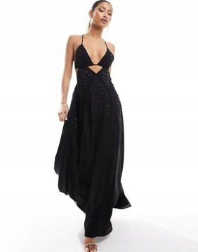 Asos Design jpt maxi połysk sukienka wycięcia ramiączka zdobienie czarna XS