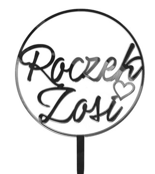 Topper srebrny napis roczek IMIĘ srebrne lustro R9