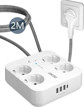 Przedłużacz Lencent 2m, 4x schuko EU, 3x Usb A, 1x Usb C biały 2 metry