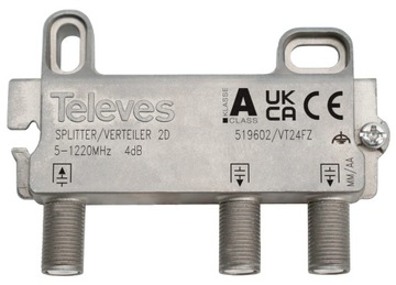 Rozgałęźnik 1/ 2 TELEVES Splitter 2x TV Naziemna DVB-T2 Kablówka DVB-C 1x2