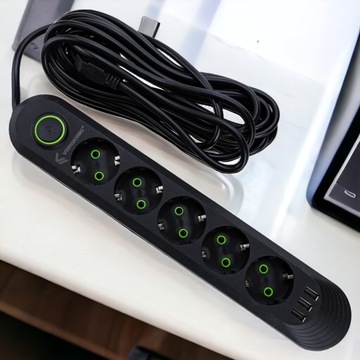 КАБЕЛЬ-УДЛИНИТЕЛЬ ДЛИНОЙ 5М, РАЗЪЕМ ПИТАНИЯ, 5 РАЗЪЕМОВ, 3 КНОПКИ ЗАЩИТЫ от перенапряжения USB.