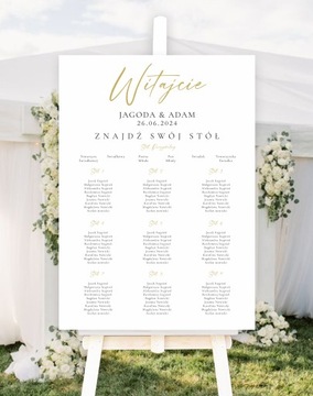 Plakat weselny z planem stołów, złoty napis