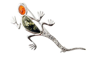 BROSZKA srebrna z BURSZTYNEM jaszczurka IGUANA