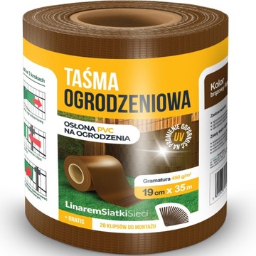TAŚMA OGRODZENIOWA DO PANELI OGRODZENIOWYCH +KLIPSY 19cm x 35mb BRĄZOWA +UV