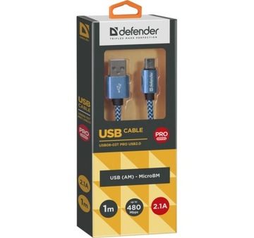 Кабель USB Defender AM-micro BM 1м 2.1А синий