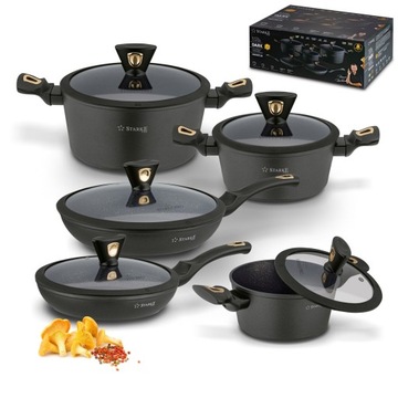 3+2 Zestaw garnków komplet GARNKI INDUKCJA PATELNIE granitowe Dark GOLD PRO